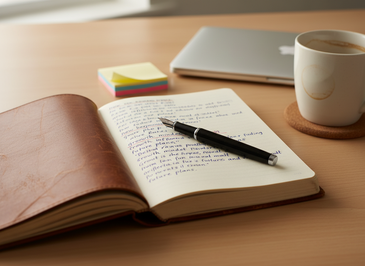A well-worn leather journal lying open on a smooth wooden desk, its cream pages filled with neat handwritten reflections and a few underlined phrases. A black metal fountain pen rests diagonally across the center fold. Around it, a simple ceramic mug with faint coffee rings on a cork coaster, a closed laptop, and a small stack of colorful sticky notes create a quiet workspace. Soft morning light from an unseen window to the left casts gentle shadows and warm highlights on the journal’s textured cover. Photographic realism, eye-level composition with shallow depth of field, the journal in sharp focus and the background softly blurred, conveying a calm, introspective, professional atmosphere perfect for a personal life-update blog.