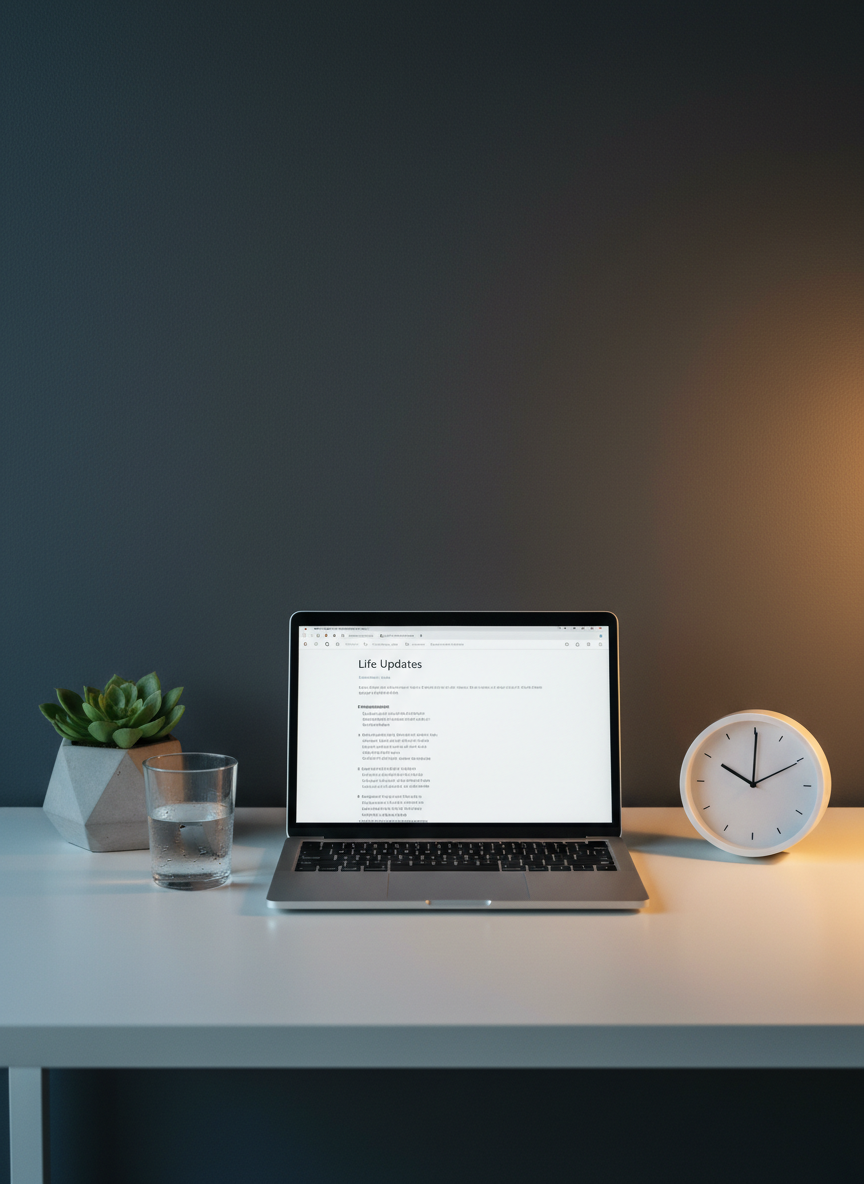 A minimalist home office desk with a sleek silver laptop displaying a blank document titled “Life Updates,” framed by a tidy arrangement of objects: a small concrete planter holding a vibrant green plant, a clear glass of water with condensation, and a simple analog clock showing early evening. The desk surface is matte white, contrasting with a dark charcoal wall behind it. Warm ambient lamplight from the right creates a cozy glow, while faint cool daylight filters from the left, balancing the scene. Shot in photographic realism from a slightly elevated angle, rule-of-thirds composition, with crisp focus throughout, the mood is organized, reflective, and professional, symbolizing taking time to process and write about personal experiences.